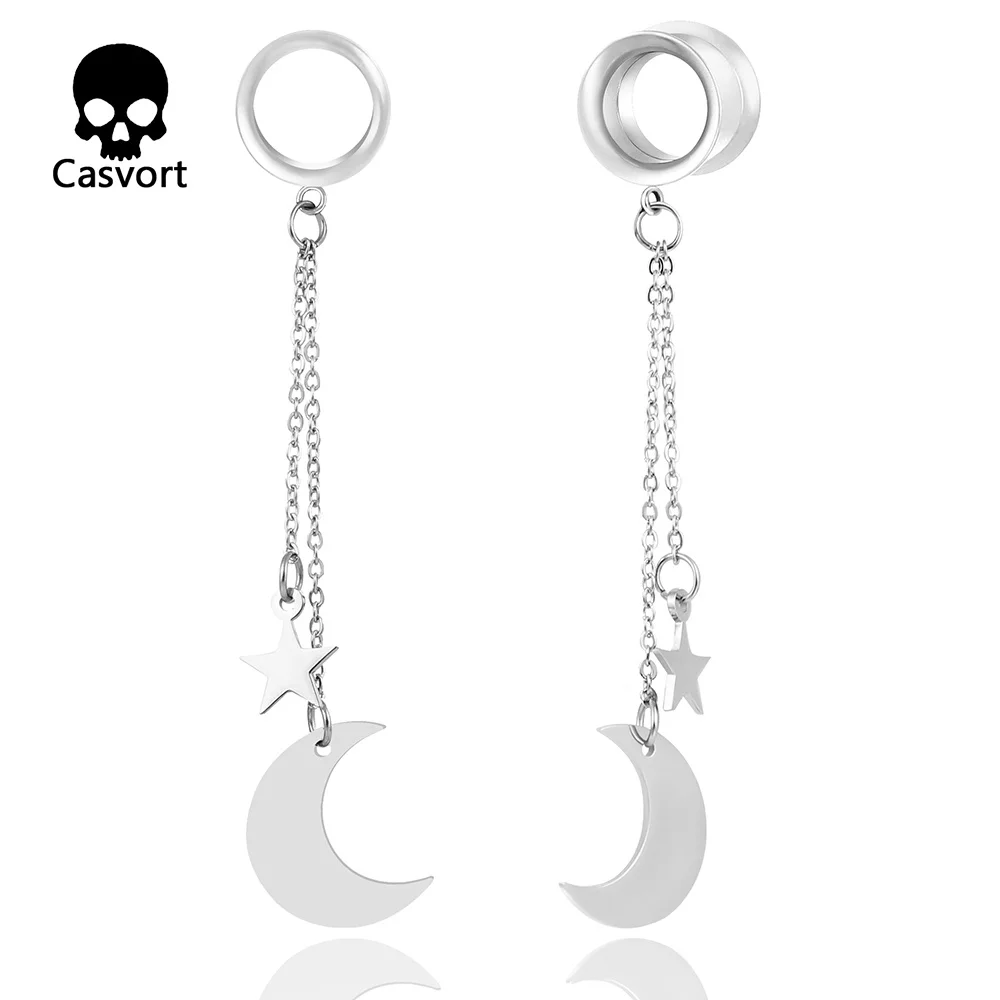 

Casvort 2PCS Stainless Steel Fashion Star Moon Dangles Ear Piercing Tunnels Plugs Hangers Ear Gauges Ear Stretcher Jewelry