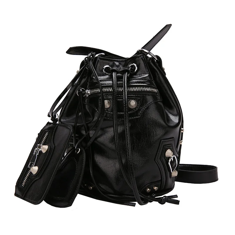 

Punk Style Design Bucket Pu Leather Crossbody Bag 2022 Rivet Motorcycle Shoulder Purses And Handbags Bolsa Feminina 2 Pcs/set