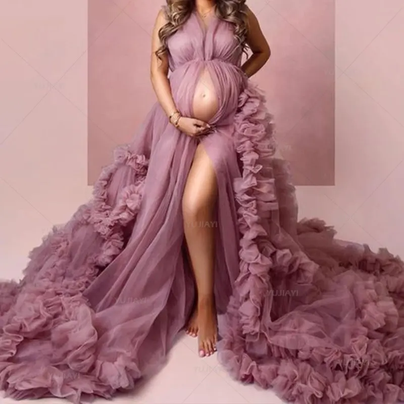 

Puffy Tulle Maternity Dress PhotoShoot Maternity Gowns for Women Sheer Long Robes Ruffles Pregnant Lingerie Bridal Nightwear