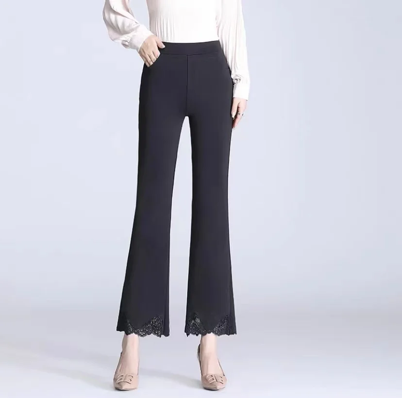 

Black Flared Trousers Women 2022 New Spring And Summer Elastic High Waist Lace Wide Leg Slit Nine-point Pants Female
