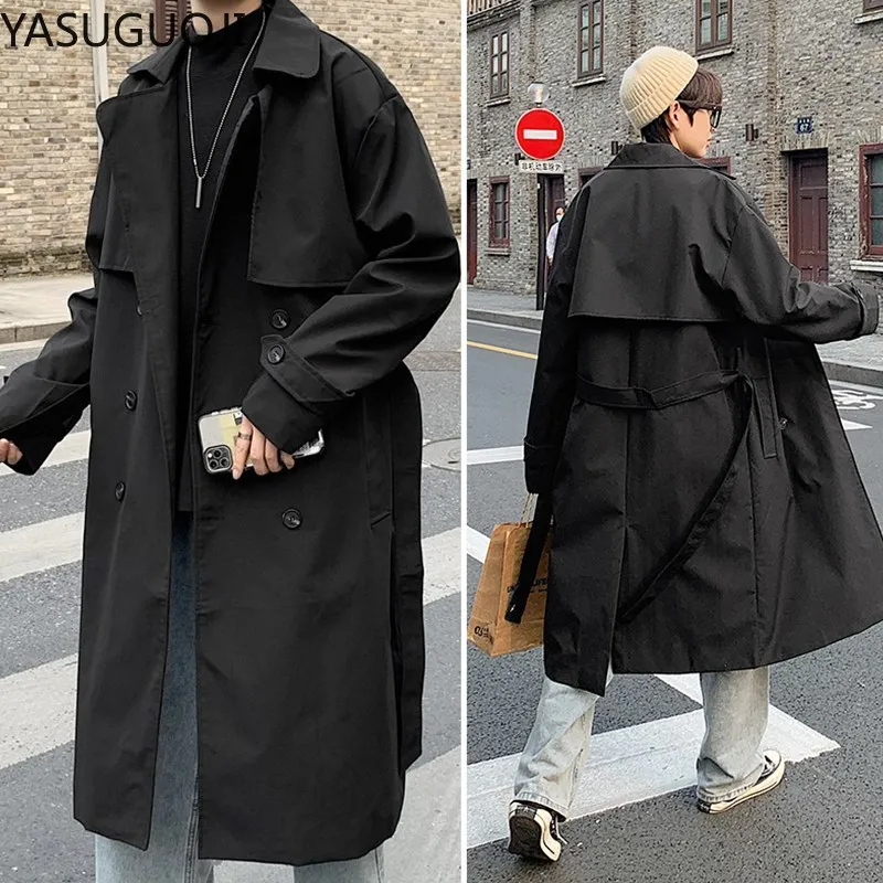 

YASUGUOJI Fashion Loose Double Breasted Trench Coat Men Jacket Casual Overcoat Men's Windbreakers Solid Color Long Belt Trenchs