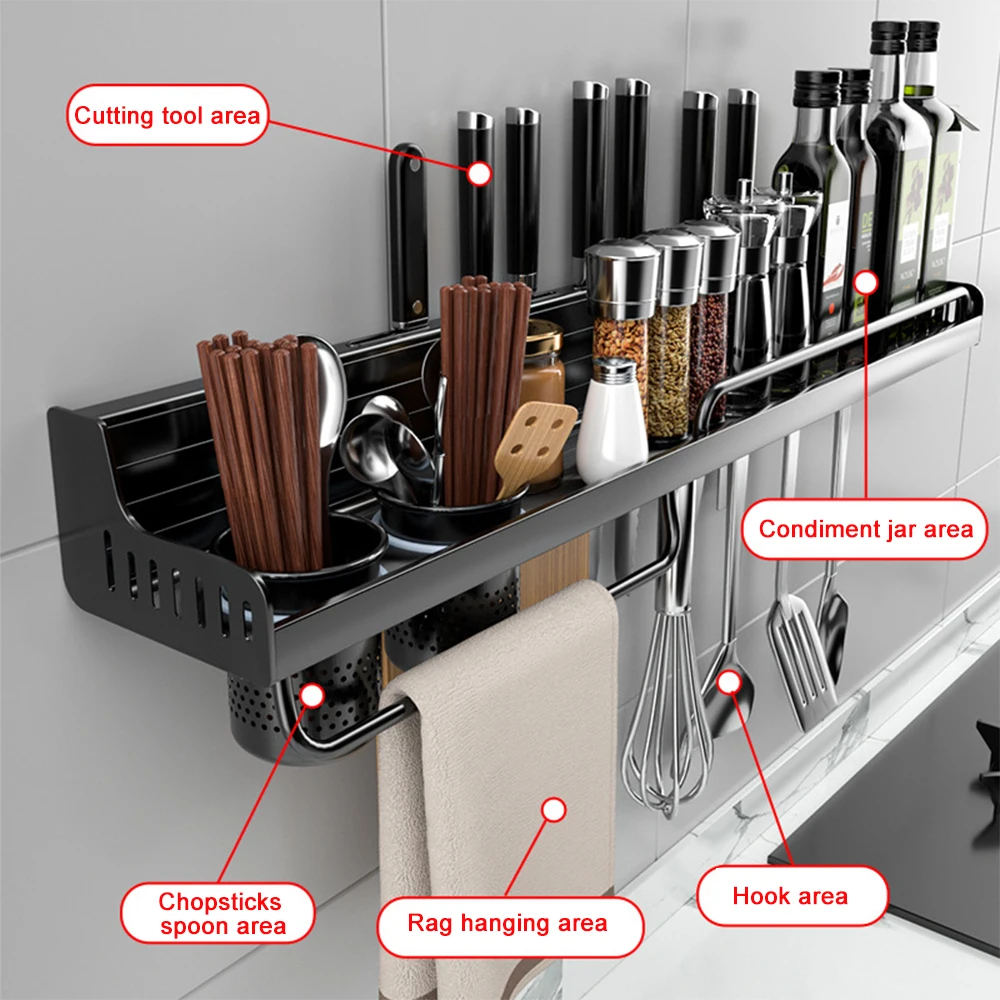 

Кухонная полка для хранения, многофункциональные настенные стеллажи для специй, держатель для ножей, без перфорации, кухонные аксессуары, о...