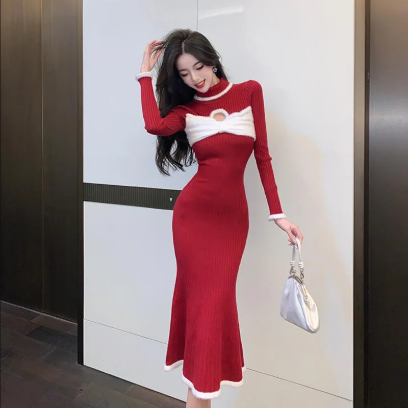 Sexy Red Knitted Dress for Women Autumn and Winter Stand Collar Hollow Out Bowtie Contrast Color Party Dresses Long Mermaid Robe
Sexy Red Knitted Dress for Women Autumn and Winter Stand Collar Hollow Out Bowtie Contrast Color Party Dresses Long Mermaid Robe
