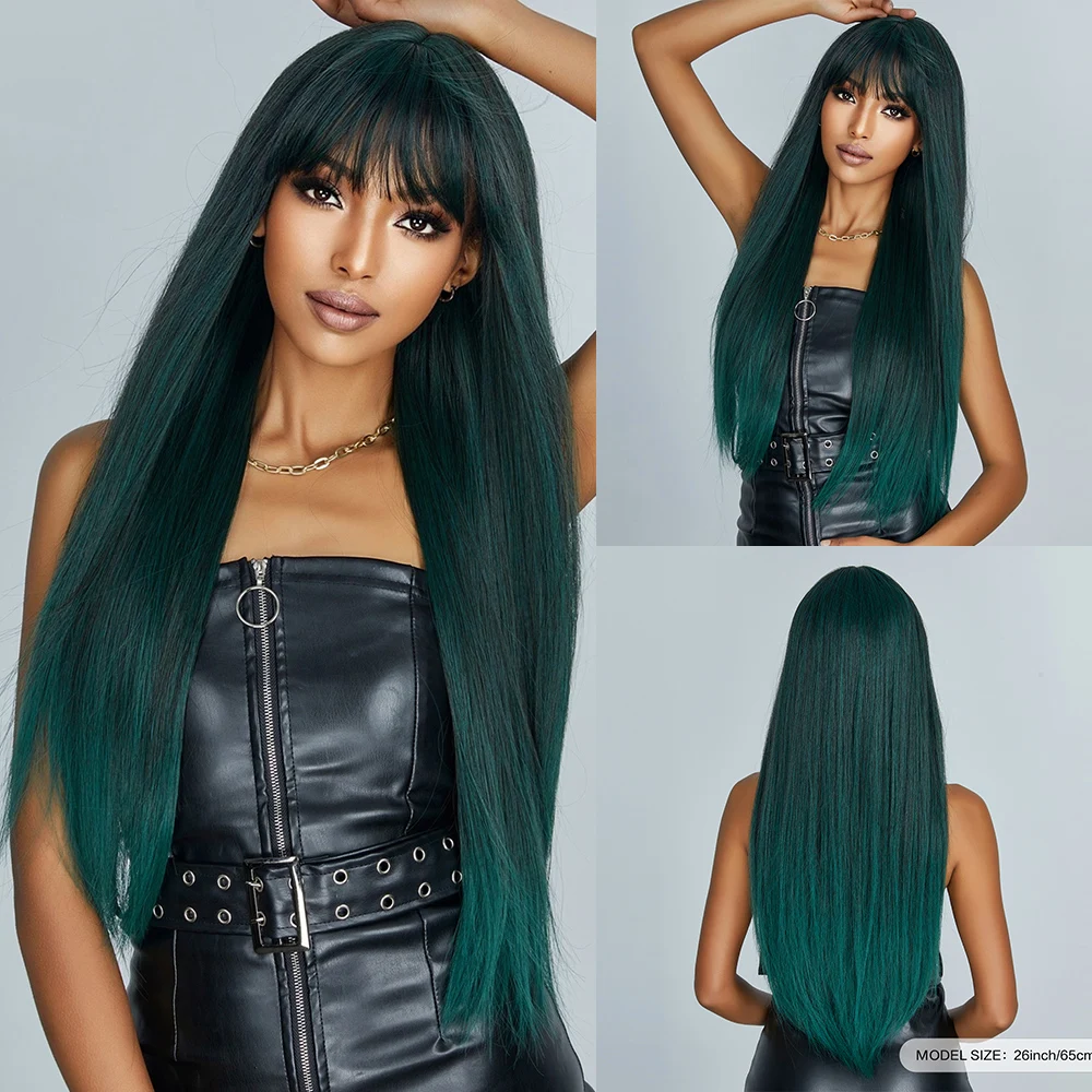 

Green Cosplay Party Synthetic Wigs Long Silky Straight Hair Wigs with Bang for Black Women Daily Natural Heat Resistant Fiber