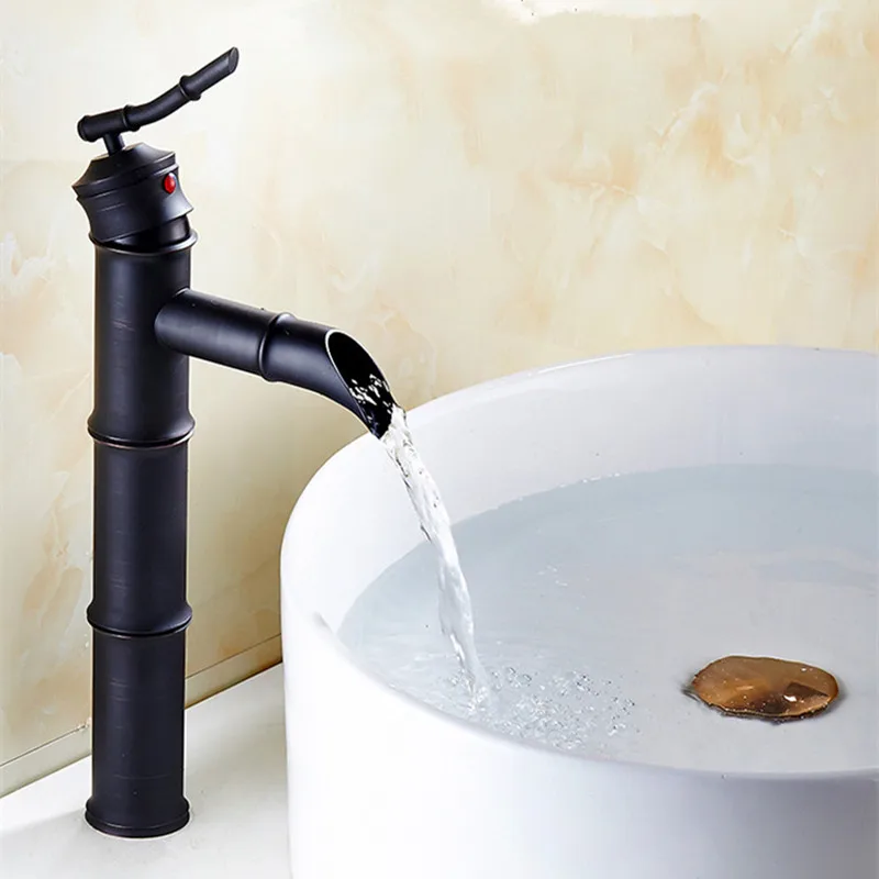 

Cold Rubbed Brass Faucets 1 Black Lever Waterfall Arch Oil High Hot Faucet Bamboo Taps Basin Mixer Bathroom Sink Bronze
