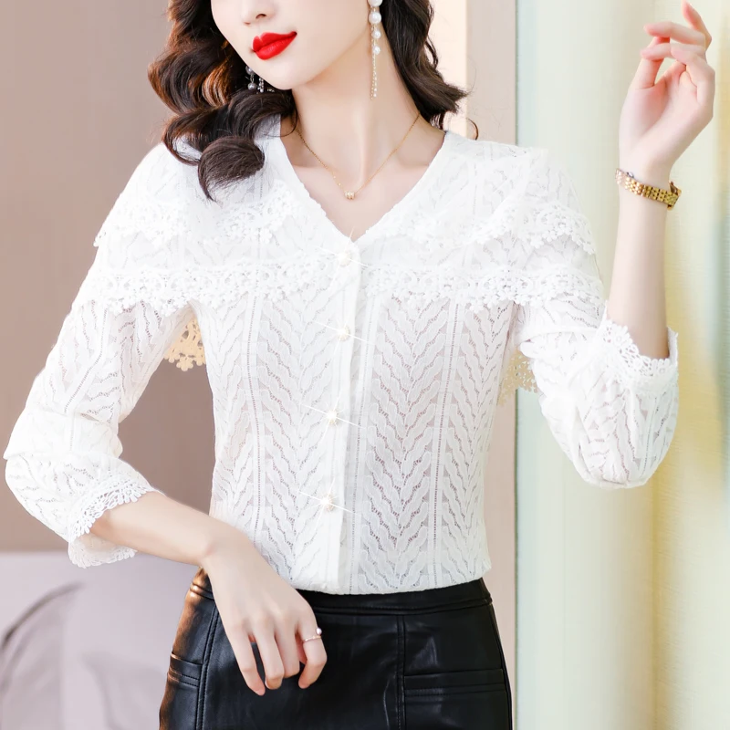 Korean Style Female Clothing Fashion Striped Hollow Lace Blouse Long Sleeve V-Neck Women's Shirts Elegant White Shawl Tops 24676
Korean Style Female Clothing Fashion Striped Hollow Lace Blouse Long Sleeve V-Neck Women's Shirts Elegant White Shawl Tops 24676