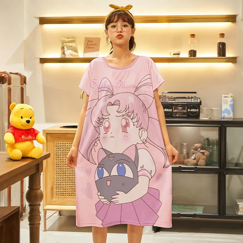 

Summer Sleepdress Short Sleeve Pajamas Thin Nightdress Anime Pijama Meow Cat Home Clothes For Women Kawaii Nightgown Gowns