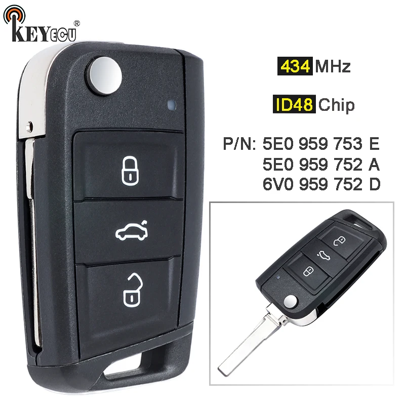 Дистанционный ключ KEYECU 434 МГц ID48 5E0 959 753E / 752A 6V0 752D для Skoda Octavia 2012-2018