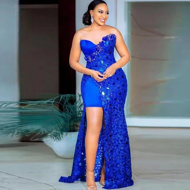Royal Blue Lace Mermaid Prom Dresses Sexy Strapless High Low Evening Gowns Aso Ebi Arabic African Formal Party Long Dress
Royal Blue Lace Mermaid Prom Dresses Sexy Strapless High Low Evening Gowns Aso Ebi Arabic African Formal Party Long Dress