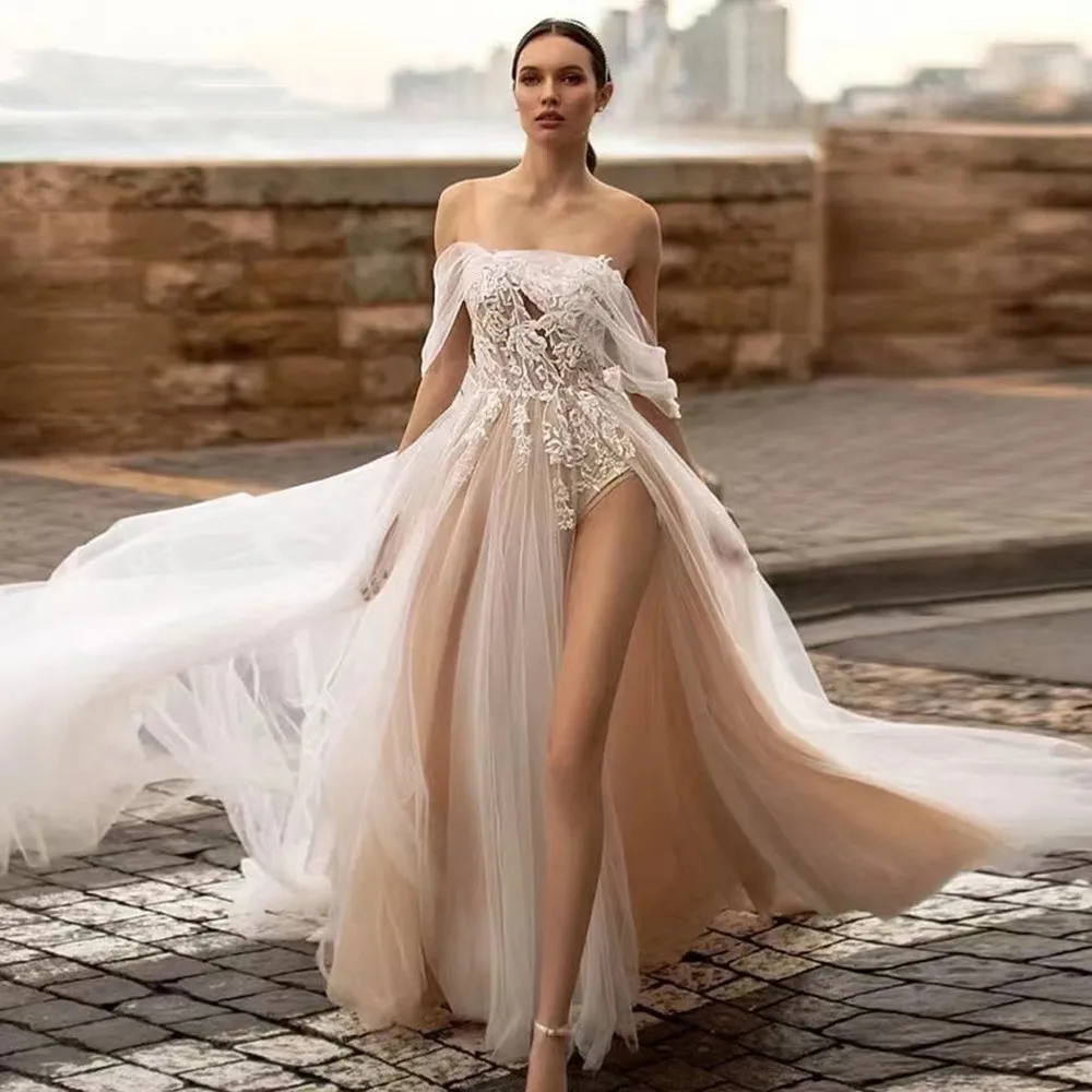 Beach Wedding Dresses Champagne Elegant Scoop Neck Off The Shoulder Sweep Train A-Line Boho Bridal Gowns With High Split
Beach Wedding Dresses Champagne Elegant Scoop Neck Off The Shoulder Sweep Train A-Line Boho Bridal Gowns With High Split