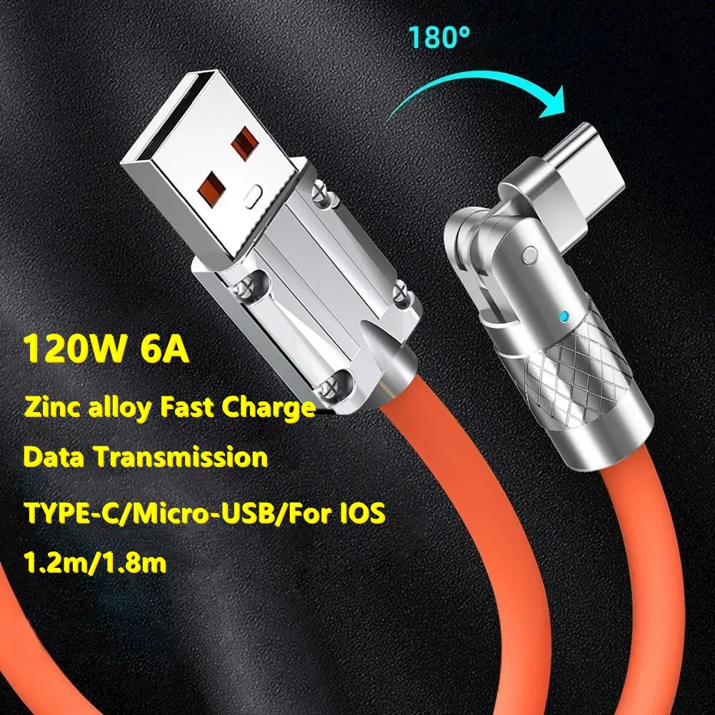 

Кабель быстрой зарядки из жидкого силикона с разрешением 180 градусов, 120 Вт, 6 А, кабель USB C для быстрой зарядки и передачи данных для iPhone, Xiaomi, Huawei, Samsung, USB-кабель из цинкового сплава