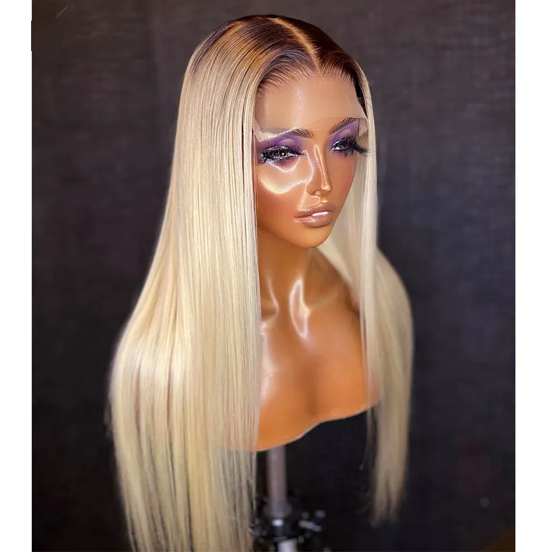 

Soft 26Inches Ombre Blonde Silky Straight 180%Density Preplucked Natural Hairline Glueless Lace Front Wig For Women Babyhair