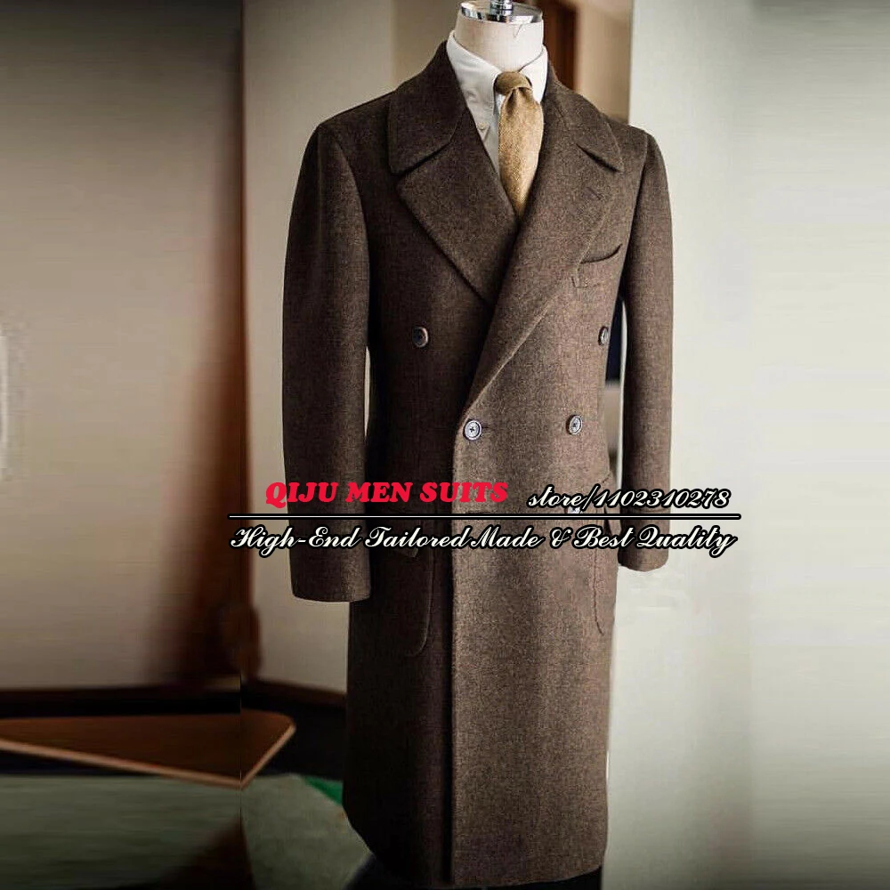 

Autumn/Winter Trench Coat Men Suits Jacket Tweed Wollen Thicken Blend Coffee Brown Double Breasted Overcoat Long Blazer Sets