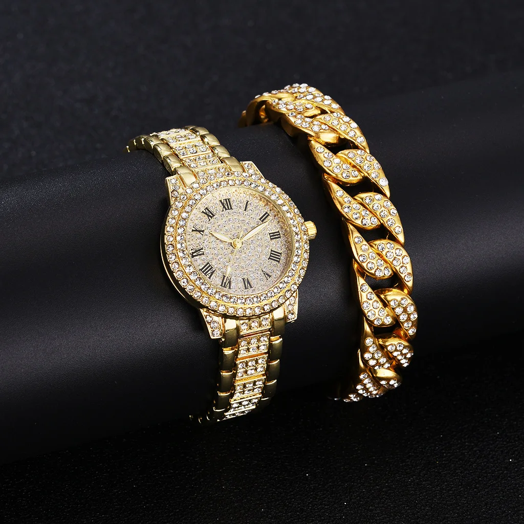 Часы наручные женские со стразами роскошные золотистые Geneva с браслетом - купить