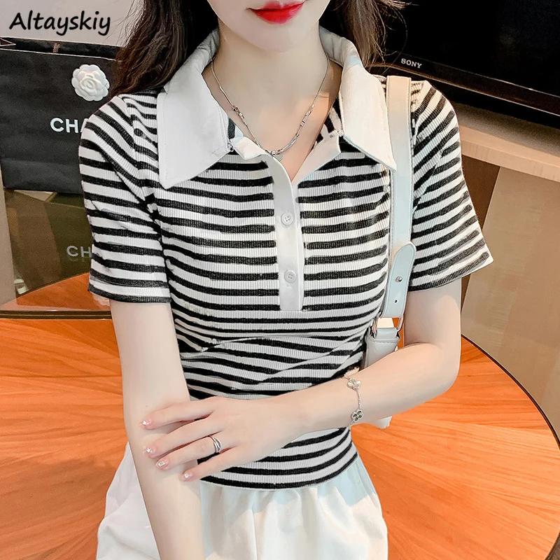 Striped Turn-down Collar T-shirts Women Slim All-match Fashion Summer Thin Short Sleeve Simple Casual Vintage Ulzzang Футболка
Striped Turn-down Collar T-shirts Women Slim All-match Fashion Summer Thin Short Sleeve Simple Casual Vintage Ulzzang Футболка