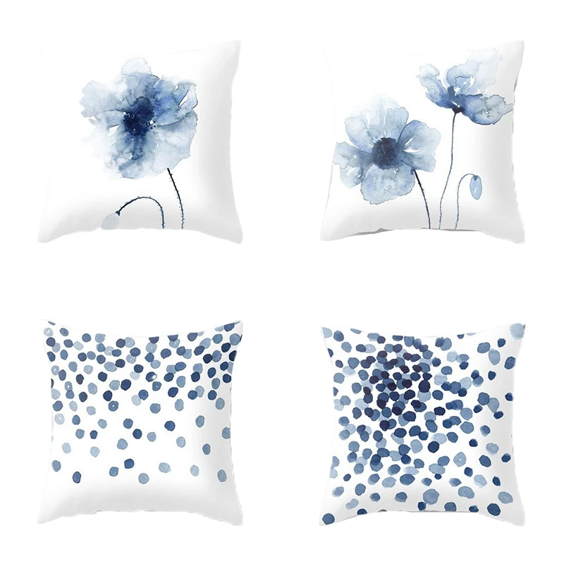 

4PCS Nordic Style Ink Blue Flower Abstract Concise Print Pillowcase Peach Skin Velvet Throw Pillows Cover 45X45cm