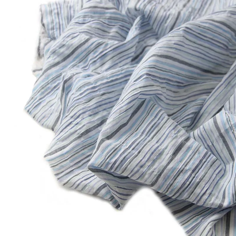 

100% Cotton Yarn Dyed Crepe Light Gray Blue Stripe Very Thin Soft Fabrics for Summer Blouse Dress Shirt Handwork Decor Craft