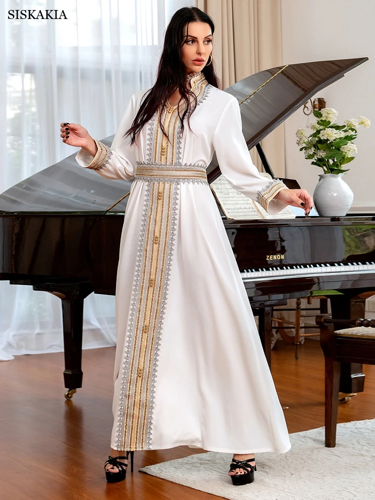 Siskakia Women's Party Dress Elegant Muslim Evening Dresses Gold Silver Tape Lace Trim Abaya Dubai Arab Morocco Caftan White New
Siskakia Women's Party Dress Elegant Muslim Evening Dresses Gold Silver Tape Lace Trim Abaya Dubai Arab Morocco Caftan White New