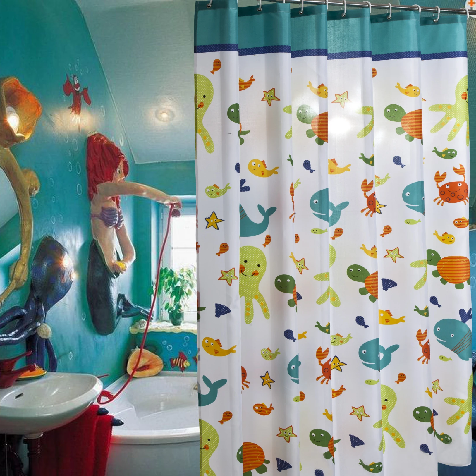 

Водонепроницаемая занавеска для ванной, детская утолщенная занавеска из полиэстера, с рисунком рыбы, Кита, черепахи, с крючками