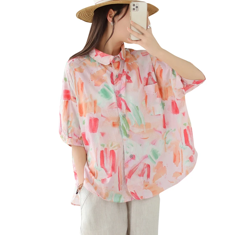 Thin Summer Printing Linen Women Blouse Turn Down Neck Loose Bat Sleeves Girls Shirt
Thin Summer Printing Linen Women Blouse Turn Down Neck Loose Bat Sleeves Girls Shirt