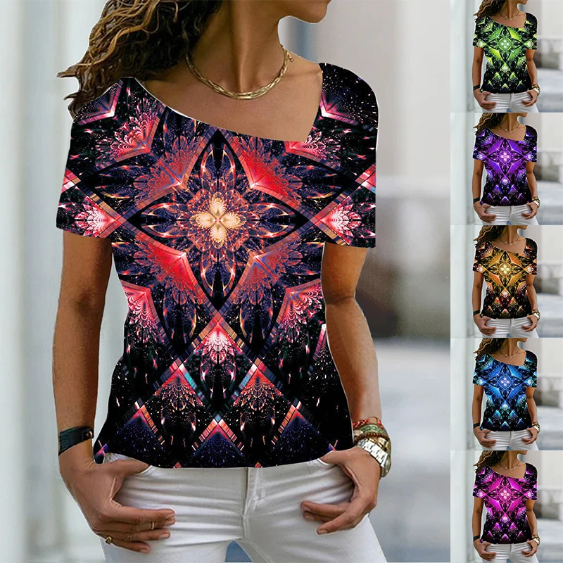 

Футболка женская базовая с V-образным вырезом, модная Повседневная Базовая рубашка с абстрактным геометрическим принтом, лето 2022