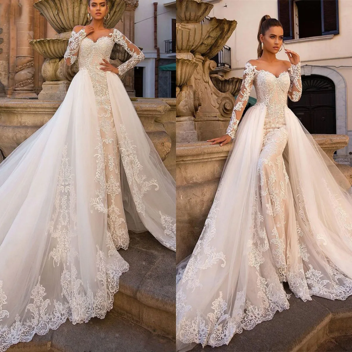 Luxury Lace Detachable Train Wedding Dress Mermaid Long Sleeves Wedding Gown For Bride Appliques vestido de novia arabe de lujo
Luxury Lace Detachable Train Wedding Dress Mermaid Long Sleeves Wedding Gown For Bride Appliques vestido de novia arabe de lujo
