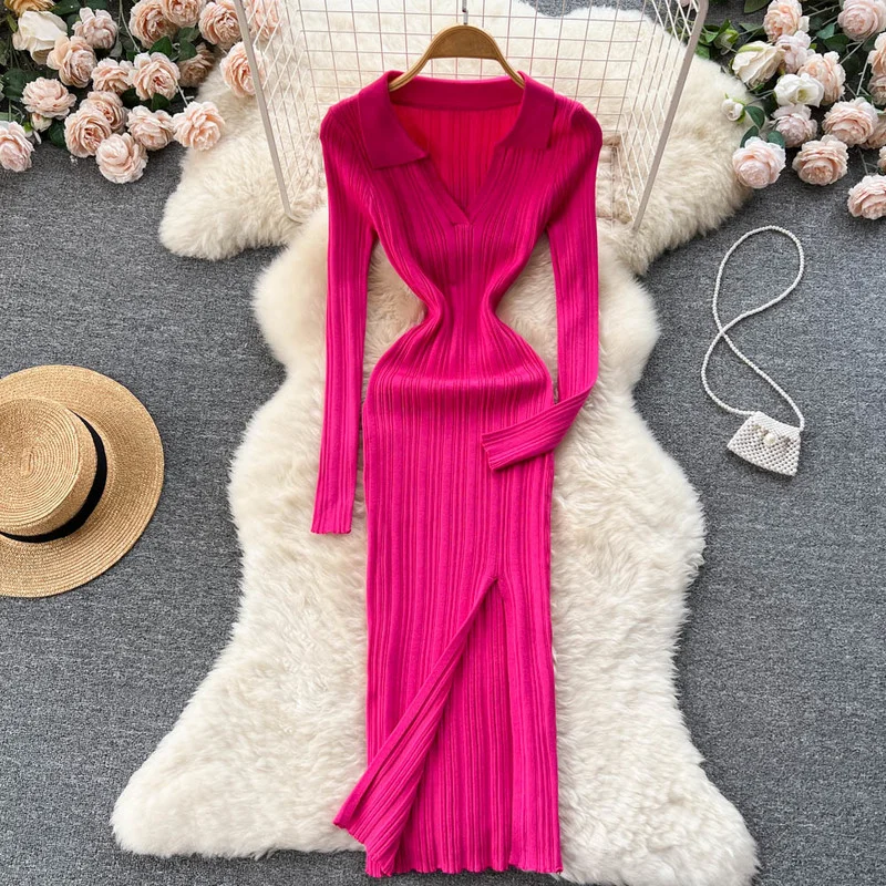 French Chic Dress Vintage Knitted Turn Down Collar Elegant Autumn Dresses Female Full Sleeve Split Women Clothes Dropshipping
French Chic Dress Vintage Knitted Turn Down Collar Elegant Autumn Dresses Female Full Sleeve Split Women Clothes Dropshipping
