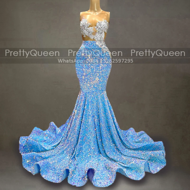 

Shiny Sequins Beads Prom Dresses Pleat Mermaid Appliqués Long court Train Sky Blue Sheer Neck Sheath Pageant Dress Party