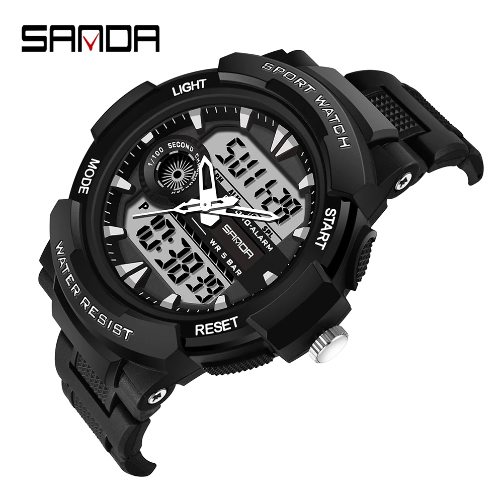 

Top Large Men Watches Digital Watch Luminous 5BAR Waterproof Male Sport Watch Quartz Dual Display relogio masculino SANDA 6002