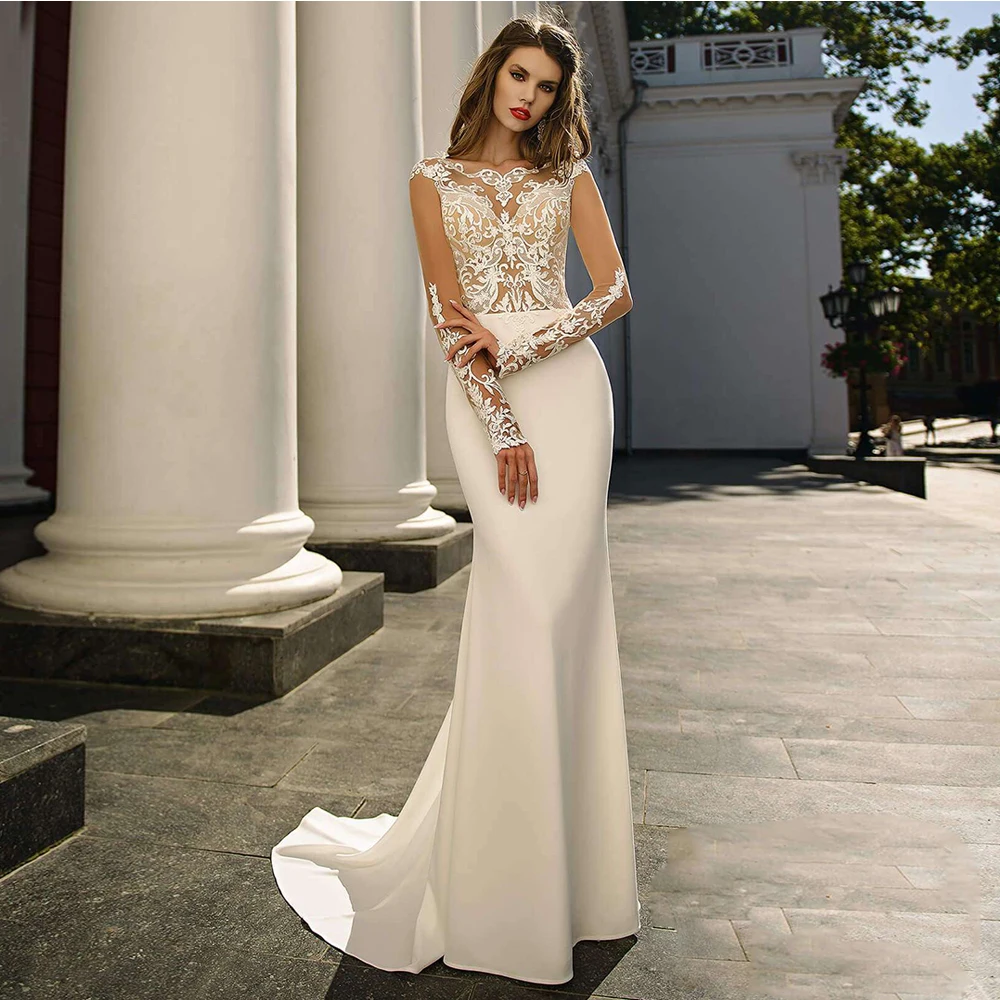 Modern Bride Gowns Full Sleeves Zipper Illusion Backless Lace Applique Wedding Dresses Trumpet Sweep Train Vestido De Noiva
Modern Bride Gowns Full Sleeves Zipper Illusion Backless Lace Applique Wedding Dresses Trumpet Sweep Train Vestido De Noiva