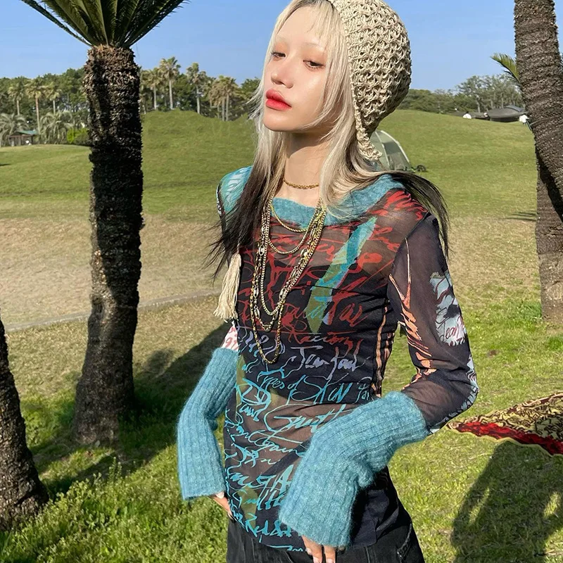 Graphic T Shirts Streetwear Y2k Women Sheer Mesh Knit Patchwork Long Sleeve Top Grunge Clothes 2023 Aesthetic
Graphic T Shirts Streetwear Y2k Women Sheer Mesh Knit Patchwork Long Sleeve Top Grunge Clothes 2023 Aesthetic