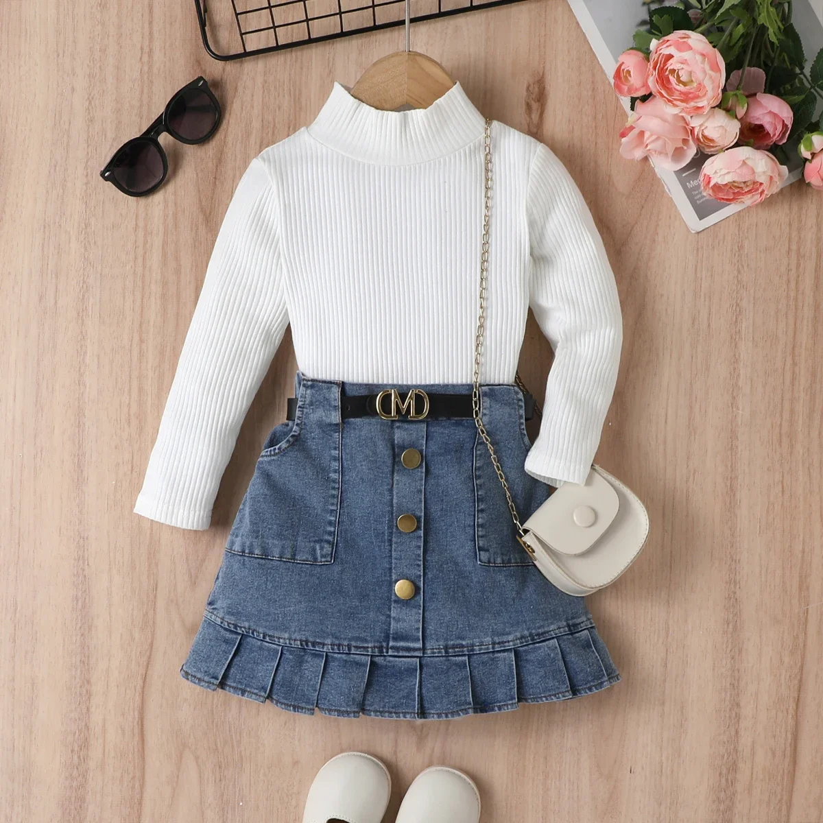 

Детская одежда, однотонный топ с длинным рукавом для девочек, джинсовый топ с открытым карманом, со складками