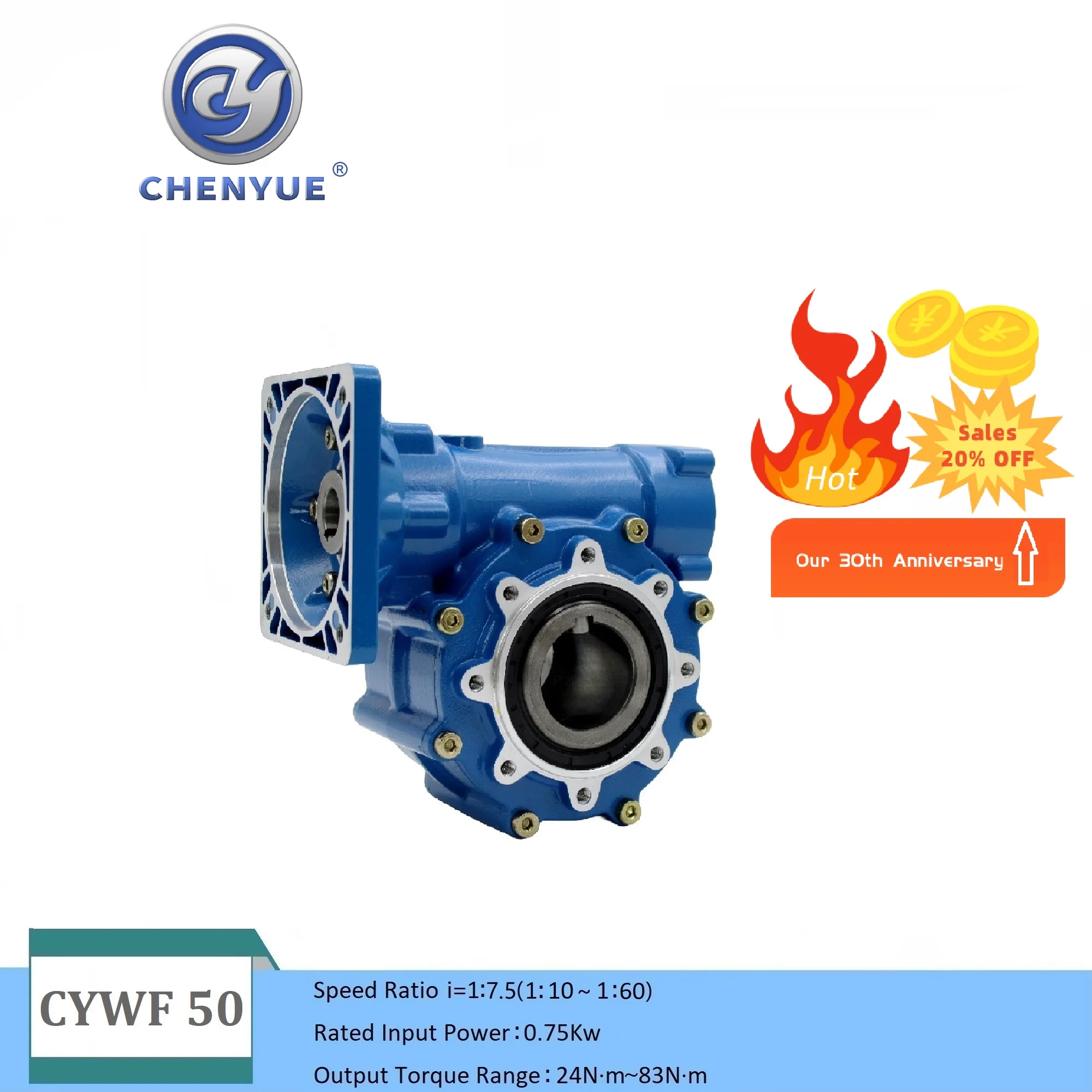 Chenyue Worm Gear Reducer CYWF50 Input 22mm Output 50.25mm Ratio 7.5:1/60:1 CNC Gearbox Speed Flange 130X130mm GW≈8.5Kgs
Chenyue Worm Gear Reducer CYWF50 Input 22mm Output 50.25mm Ratio 7.5:1/60:1 CNC Gearbox Speed Flange 130X130mm GW≈8.5Kgs