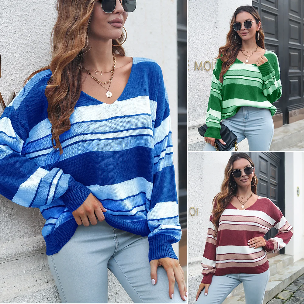 Stripe gradient V-Neck long sleeve sweater women's loose fall winter sweater 
Stripe gradient V-Neck long sleeve sweater women's loose fall winter sweater