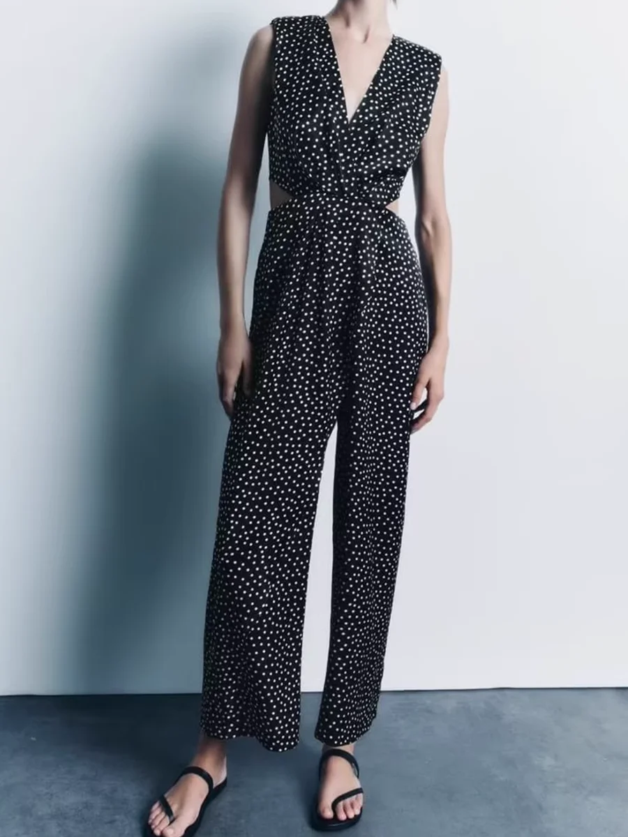 

Summer New Women Polka Dot Printed Jumpsuit New Y2K Sleeveless Jumpsuit With A Surplice Neckline Back Hollow Out Design Playsuit