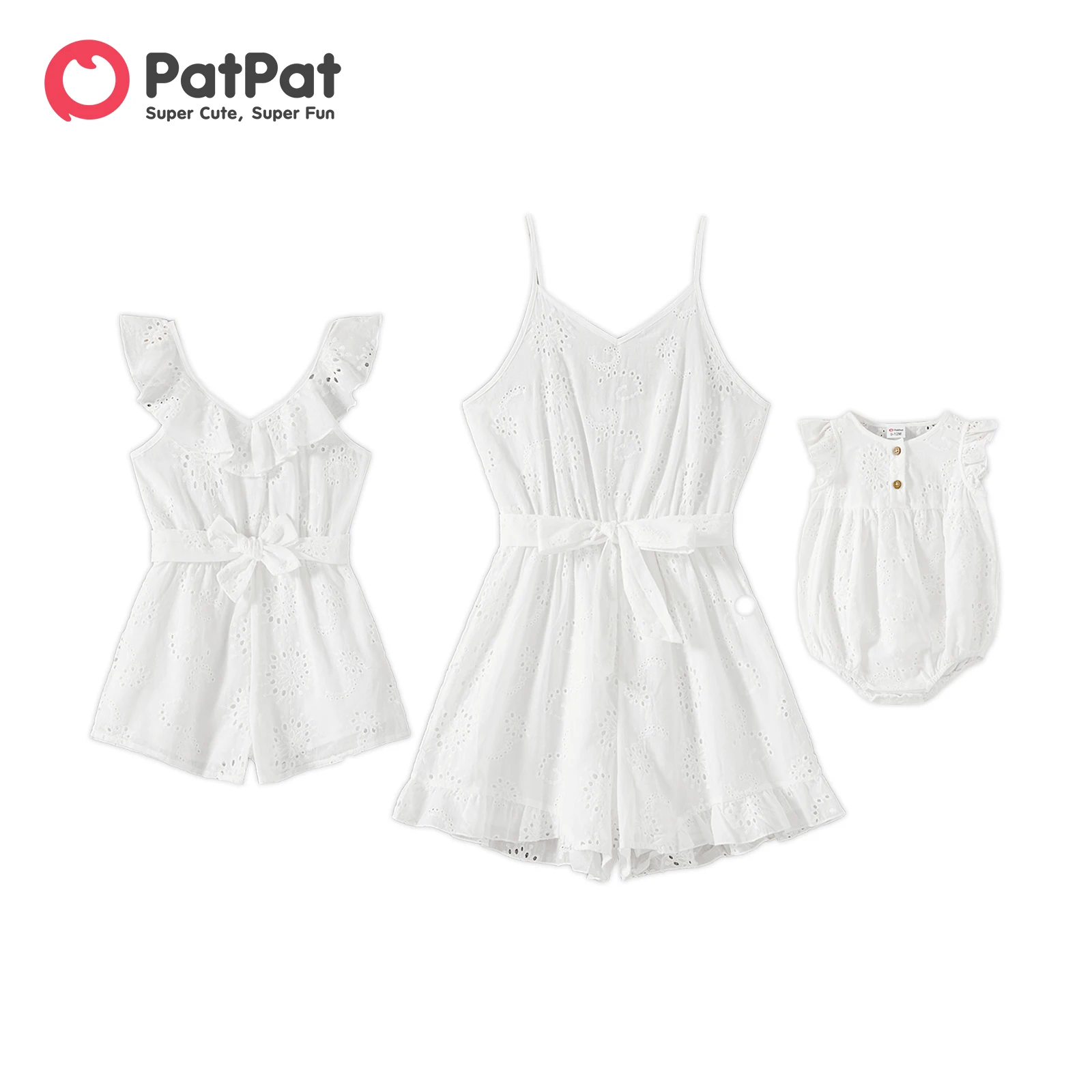 

PatPat Mommy and Me 100% Cotton White Ruffle Trim Sleeveless Belted Rompers