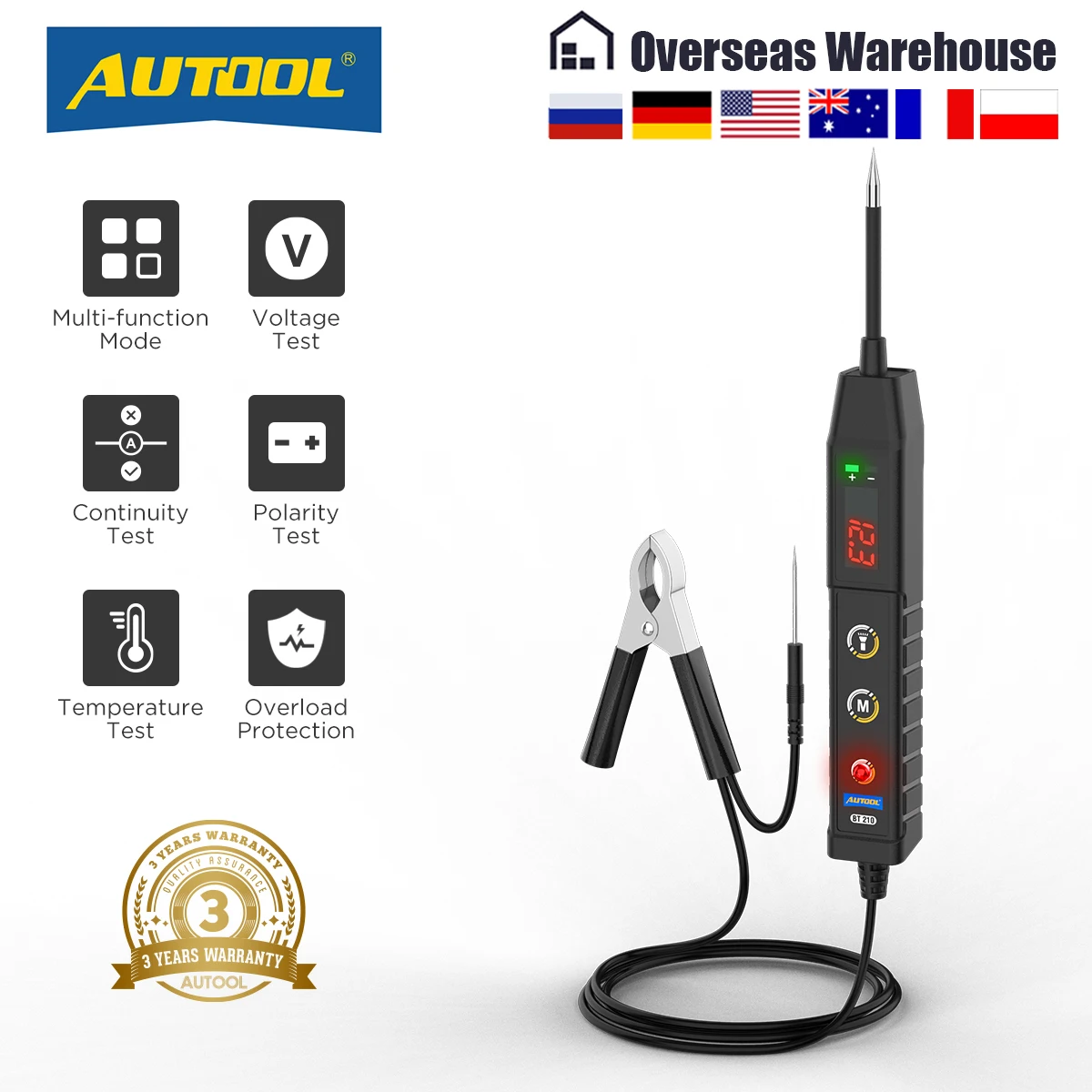 AUTOOL BT210 Car Circuit Tester Power Probe Car Diagnostic Tool Electric Voltage Integrated Scanner for 9-30V Car / Heavy Truck
AUTOOL BT210 Car Circuit Tester Power Probe Car Diagnostic Tool Electric Voltage Integrated Scanner for 9-30V Car / Heavy Truck