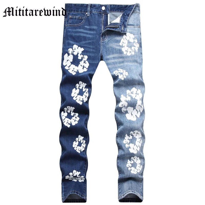 Мужские джинсы, темно-синие джинсовые брюки в стиле High Street с цветочным принтом, молодежная уличная одежда Y2k, повседневные брюки в стиле хип-хоп 
Мужские джинсы, темно-синие джинсовые брюки в стиле High Street с цветочным принтом, молодежная уличная одежда Y2k, повседневные брюки в стиле хип-хоп