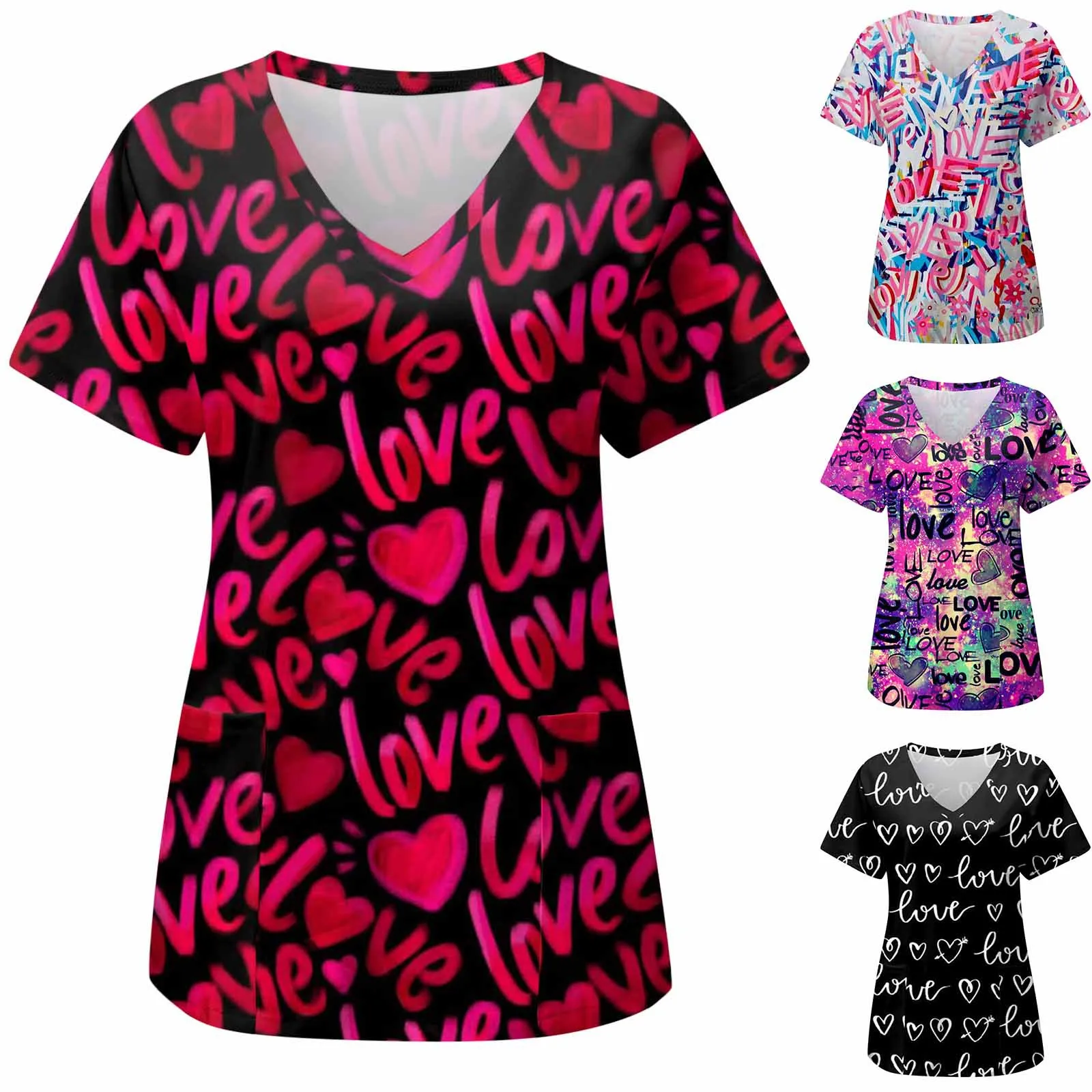 Love Heart Print Nurse Uniform T Shirts Womens Valentine's Day Short Sleeve V Neck Working Scrubs Top Nursing Blouse With Pocket
Love Heart Print Nurse Uniform T Shirts Womens Valentine's Day Short Sleeve V Neck Working Scrubs Top Nursing Blouse With Pocket