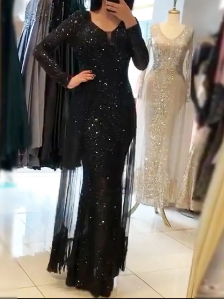 Black O Neck Long Sleeve Stretch Muslim Sequin Party Full Lining Bodycon Floor Length Evening Night Dress with Skirt 
Black O Neck Long Sleeve Stretch Muslim Sequin Party Full Lining Bodycon Floor Length Evening Night Dress with Skirt