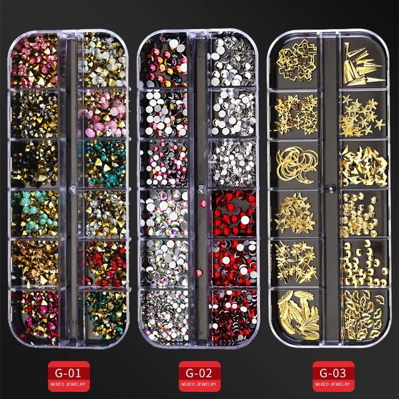 12 Grid Multi-size Nail Rhinestones 3D Crystal AB Clear Nail Stones Gems Pearl DIY Nail Art Decorations Gold Silver Rivet 
12 Grid Multi-size Nail Rhinestones 3D Crystal AB Clear Nail Stones Gems Pearl DIY Nail Art Decorations Gold Silver Rivet