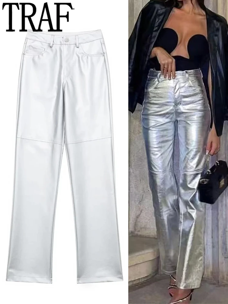 TRAF Silver Faux Leather Pants Women High Waist Baggy Pants Female Fashion Y2k Streetwear Casual Wide Pants Woman Trousers
TRAF Silver Faux Leather Pants Women High Waist Baggy Pants Female Fashion Y2k Streetwear Casual Wide Pants Woman Trousers