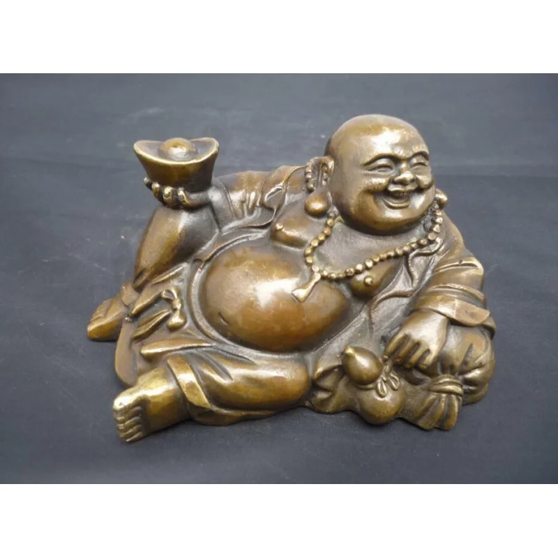 

Chinese Buddhism Bronze Wealth Happy Smile Maitreya Buddha Yuan Treasure Gourd Statue