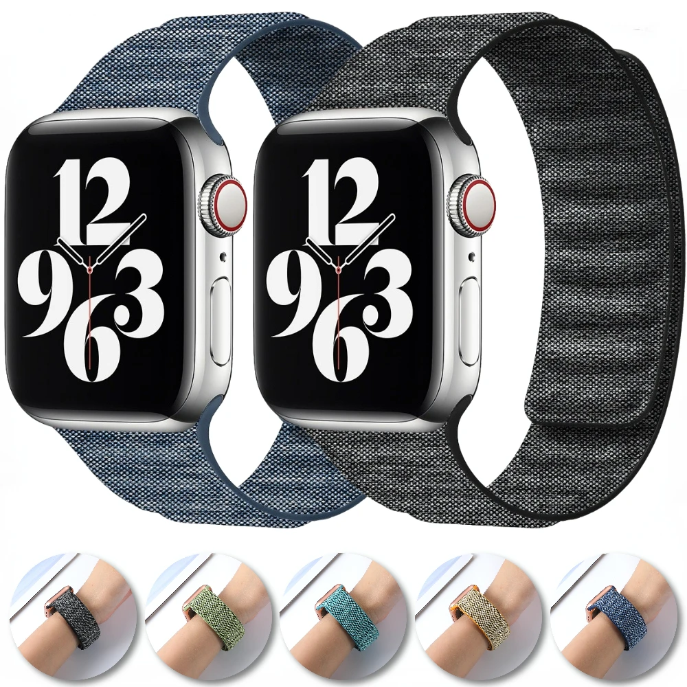 

Магнитный ремешок для Apple Watch Band 45 мм 44 мм 49 мм 42 мм 40 мм 41 мм, нейлоновый джинсовый браслет для iWatch Series Ultra 9 8 7 6 5 4 3 SE