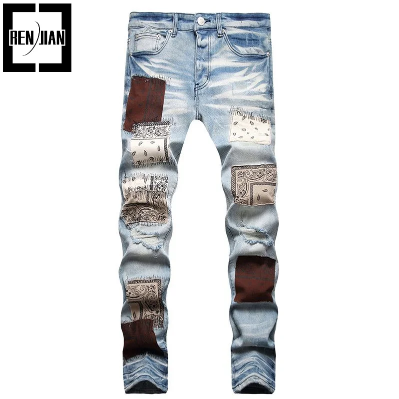Мужские рваные джинсы Hi Street, брюки с банданой, модная уличная одежда в стиле пэчворк, потертые джинсовые брюки, синие прямые брюки 
Мужские рваные джинсы Hi Street, брюки с банданой, модная уличная одежда в стиле пэчворк, потертые джинсовые брюки, синие прямые брюки