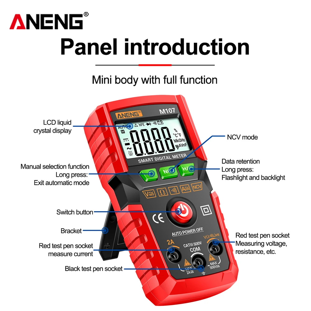 ANENG M107/M108 High Precision 4000 Counts Smart Digital Multimeter LCD Resistance NCV Portable DC AC Voltage Current Tester Met
ANENG M107/M108 High Precision 4000 Counts Smart Digital Multimeter LCD Resistance NCV Portable DC AC Voltage Current Tester Met