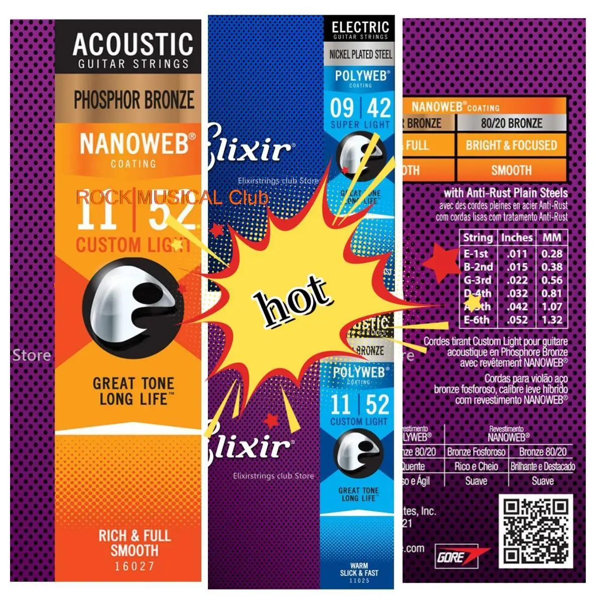 

1Set Elixir Phosphor Bronze Acoustic Guitar Strings 11002 11027 16027 16052 19052 Electric Guitar Accessories Wholesale Price
