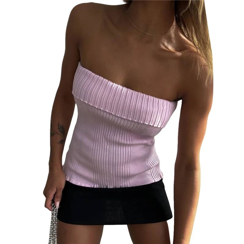 

y2k Bandeau Top 2000s Fairy Grunge Aesthetic Solid Color Sleeveless Ribbed T Shirt Women Basic Tee Casual Clothing Streetwear