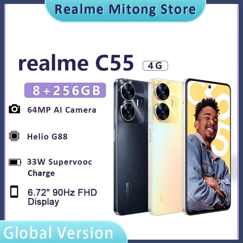 

realme C55 8GB+256GB 64MP AI Camera MediaTek Helio G88 33W supervooc Charger 6.72'' 90Hz FHD+ display 5000mAh Battery