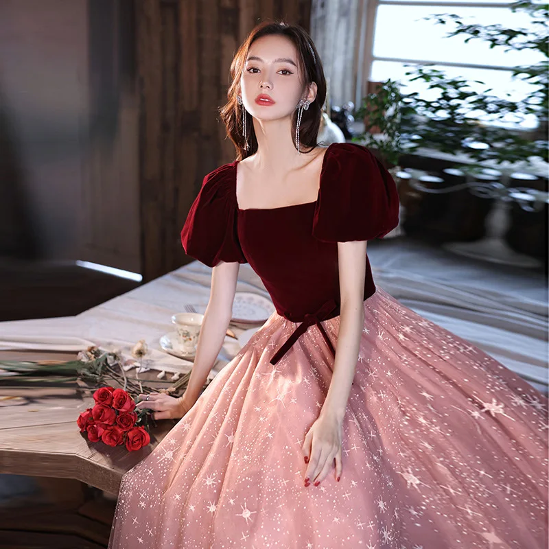 Elegant Square Neck Evening Dresses Burgundy Color-blocked Bubble Short-sleeved Bow Tulle Floor-Length Engagement Gonws
Elegant Square Neck Evening Dresses Burgundy Color-blocked Bubble Short-sleeved Bow Tulle Floor-Length Engagement Gonws